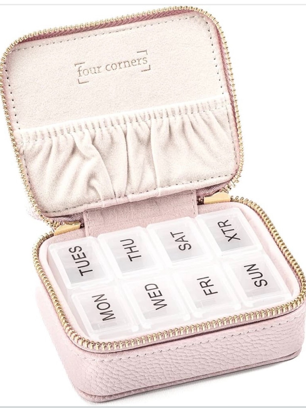 Four Corners Weekly Pill Organizer/Jewelry Travel Case  Blush with Gold Hardware